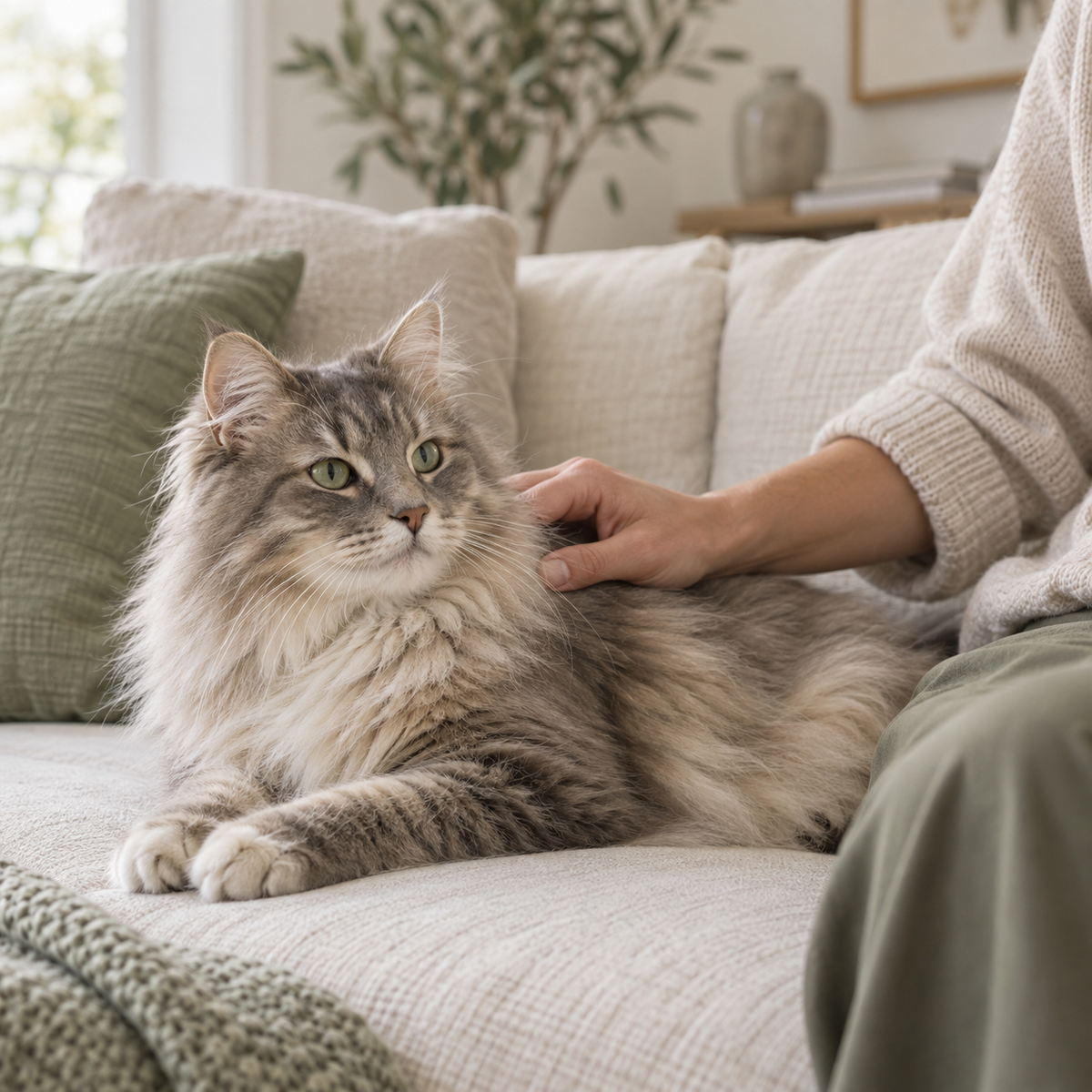 Katze wird auf einem hellen Sofa behutsam gestreichelt – illustrative KI-Bildwelt
